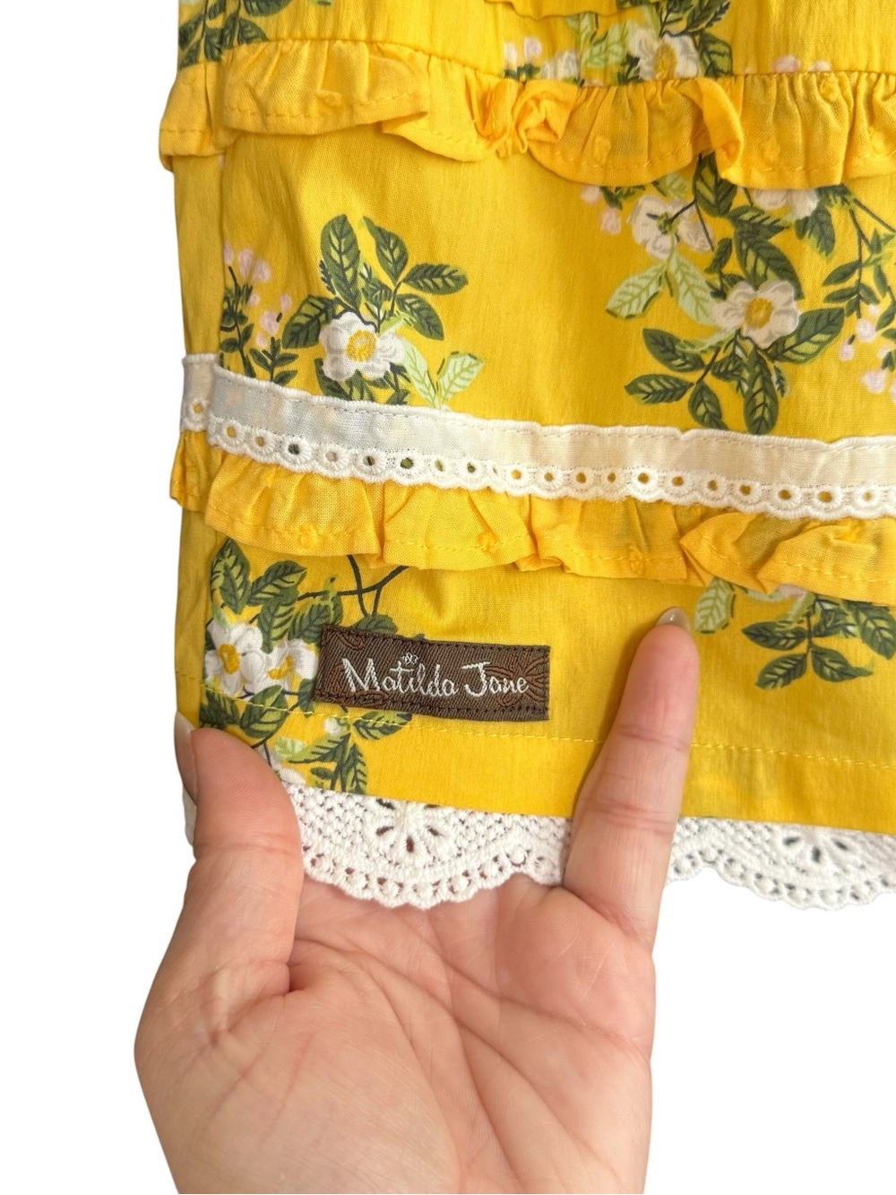 Matilda Jane NWT Yellow Floral Lace-Trim Tiered Girls' Dress with Button Back - Picture 10 of 15